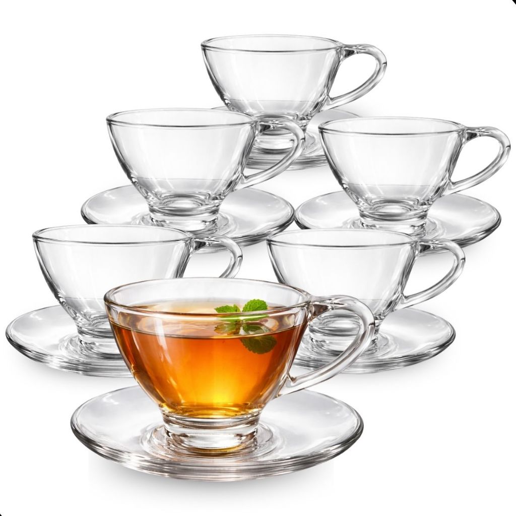 Jogo De Xícaras Em Vidro 220ml Kit 6 Xícaras, 6 Pires Para Chá Café