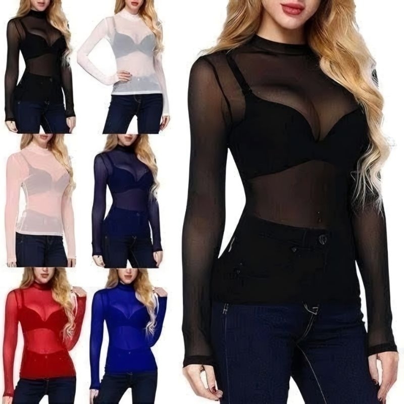 Blusa Segunda Pele Tule Transparente Manga Longa Meia Gola Feminina Várias Cores