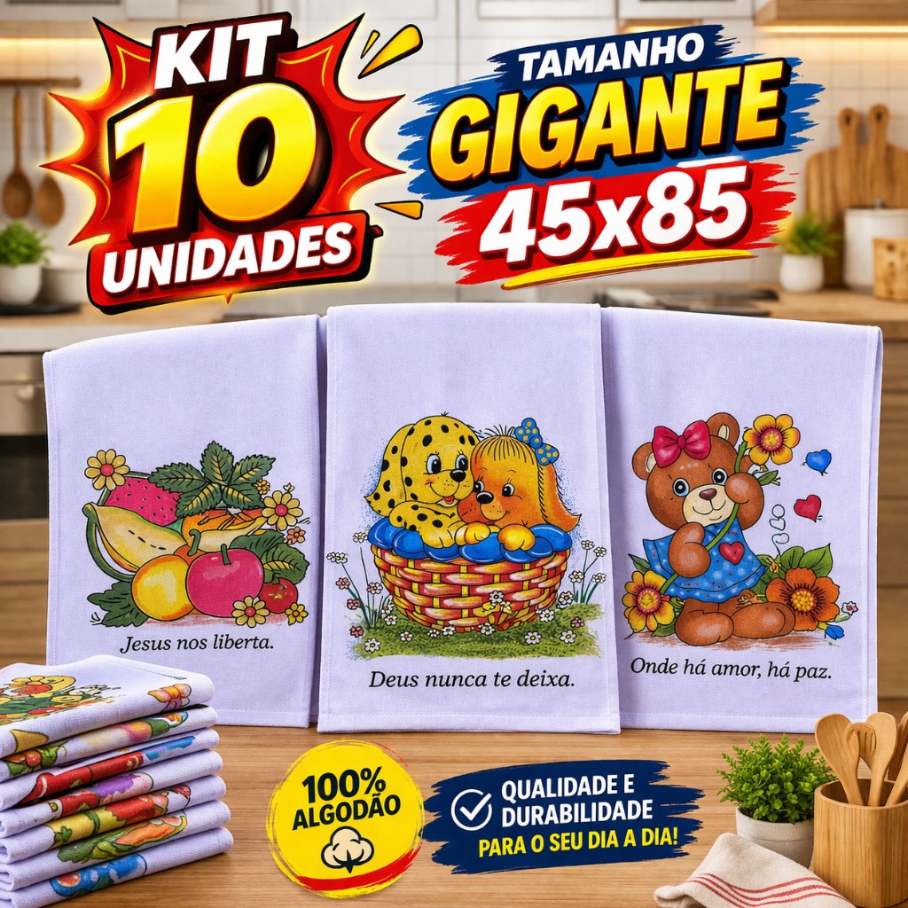 Kit 10 Pano De Prato Copa Grande Atacado 45x85 De Cozinha Estampado Algodão