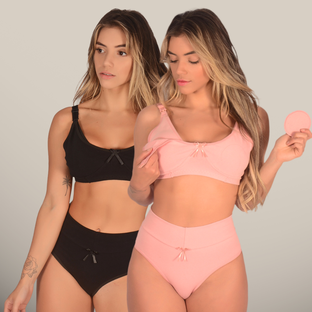 Kit com 2 Conjuntos (Sutiã de Amamentação + Calcinha Pós Parto) Algodão Cintura Alta Sutian Reforçado Amamentar Gestante