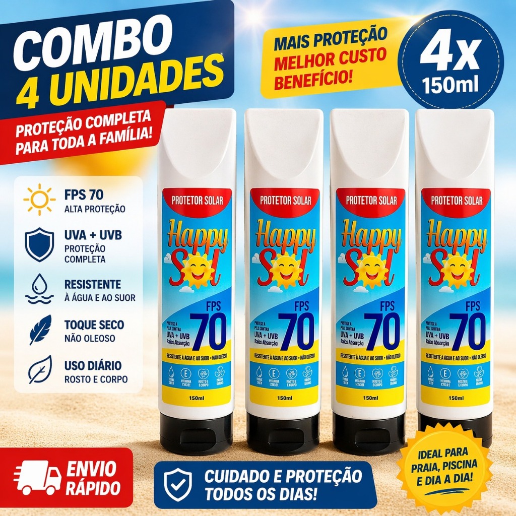 Combo 4 Protetores FPS 70 Happy Sol 150ml Não Oleoso Toque Seco Proteção Máxima UVA UVB