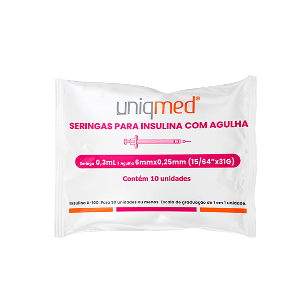 Seringa Insulina Uniqmed 0,3ml Agulha 6mm X 0,25mm 31G (30UI)