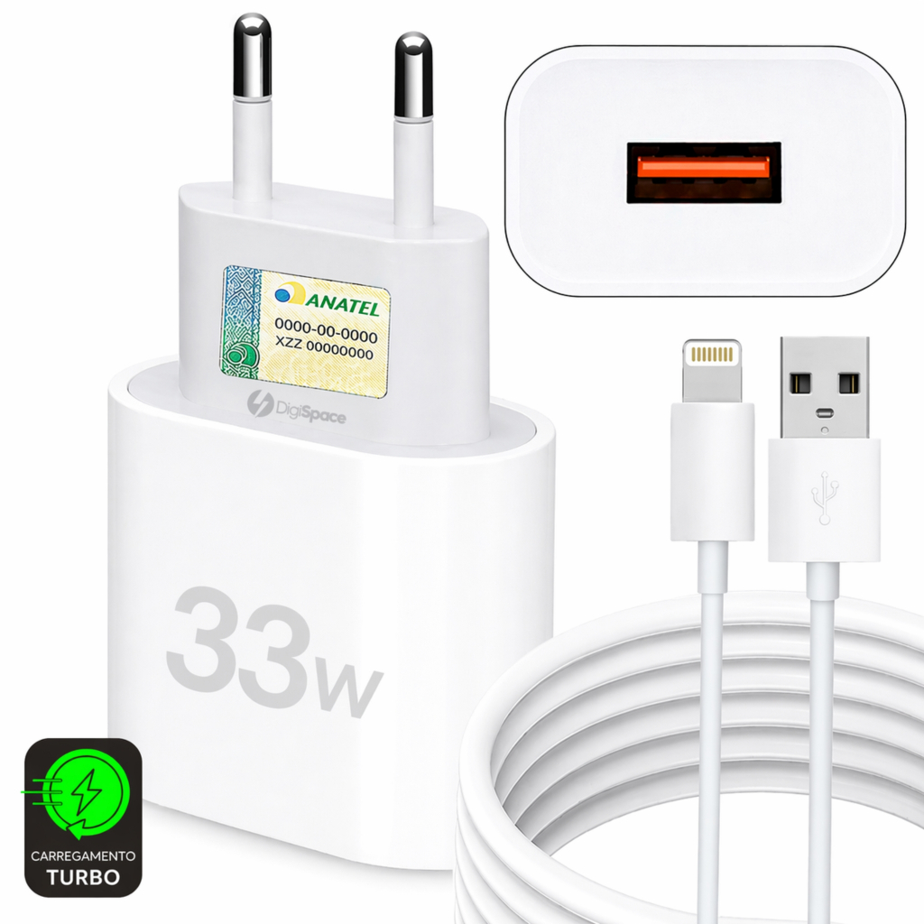 Carregador IPhone Turbo Fonte 33w Completo Rápido iPhone 6 7 8 X XR 11 12 13 14 USB-Lightning iOS 1M
