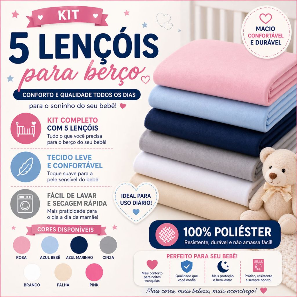 Kit 5 lençol de berço americano padrão avulso com elástico 100% poliéster