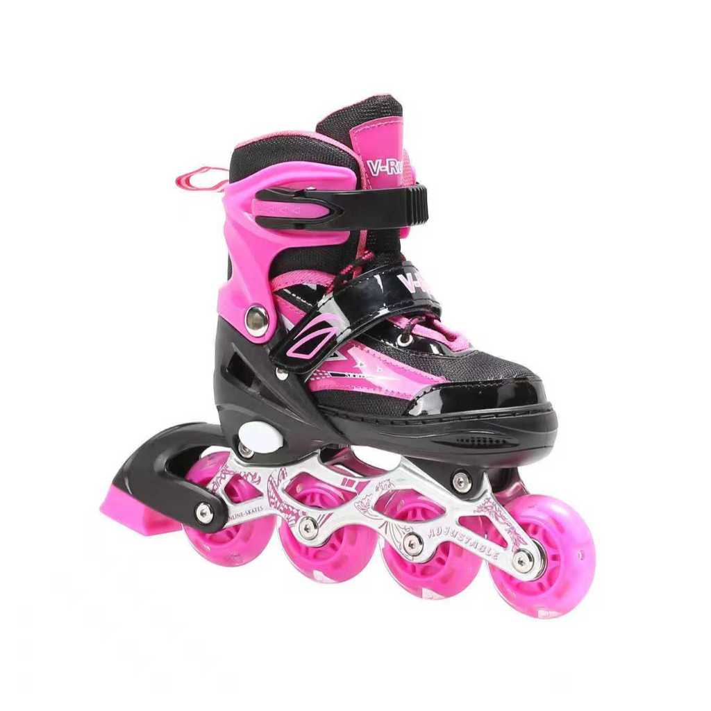 Patins Roller Inline Reto Preto Com Rosa Ajustavel ( Primeira Roda Com Led ) Black Friday