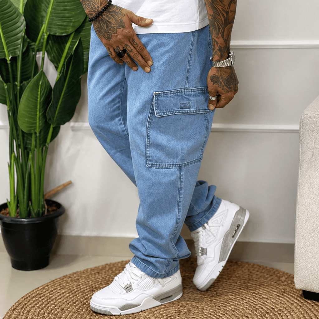 Calça Masculina Cargo Jeans Claro Cos Elástico Cordão Skatista