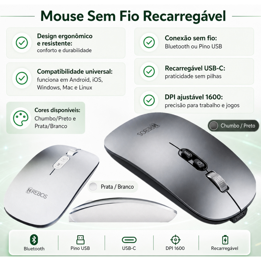 Mouse Sem Fio Recarregável Bluetooth e Pino USB DPI Ajustável Ergonômico Compacto