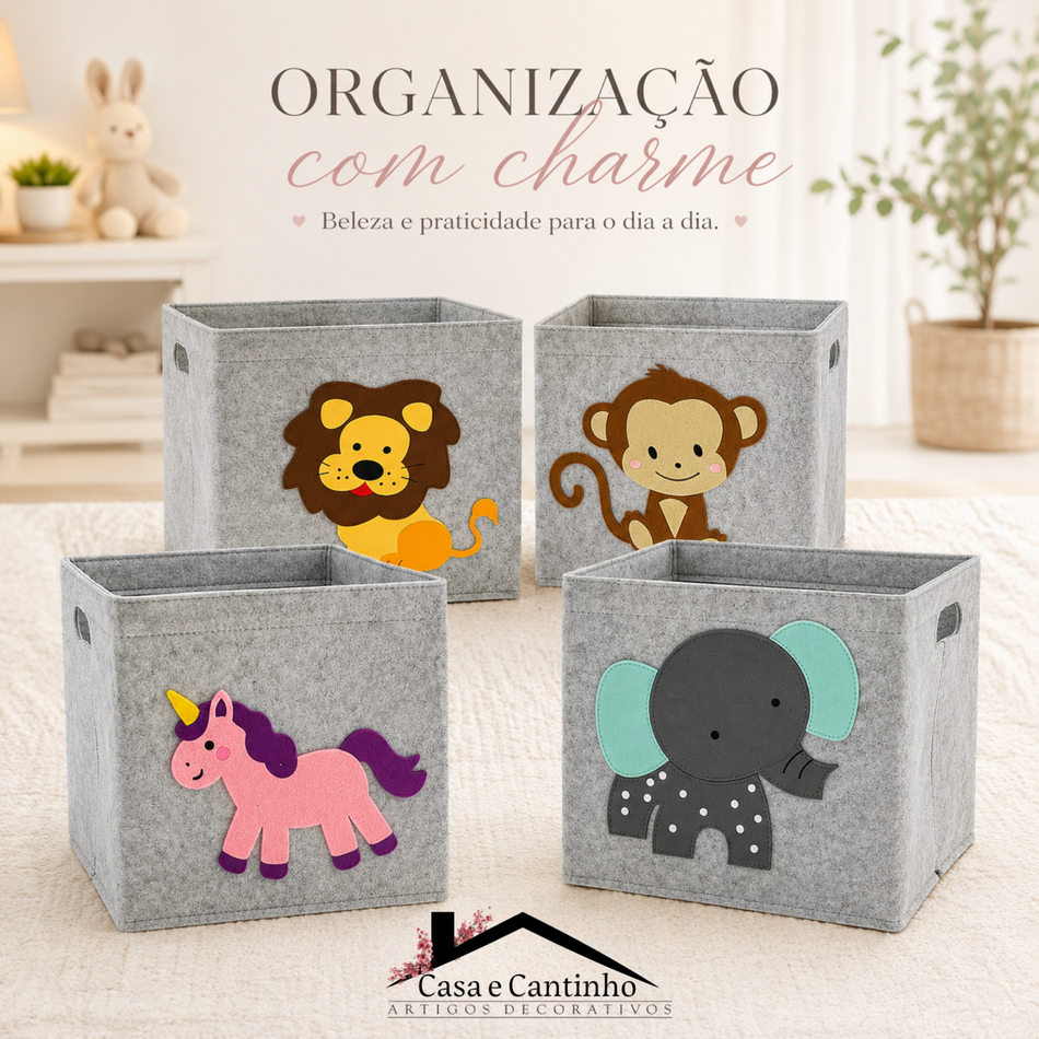 Caixa Organizadora Dobrável Feltro 35x35 | Cesto para Brinquedos Infantil Estampa Animais Linda Top
