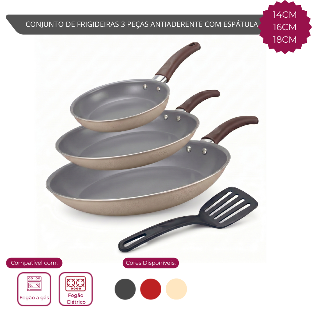 Conjunto De Frigideira 3 Peças Antiaderente Com Espátula