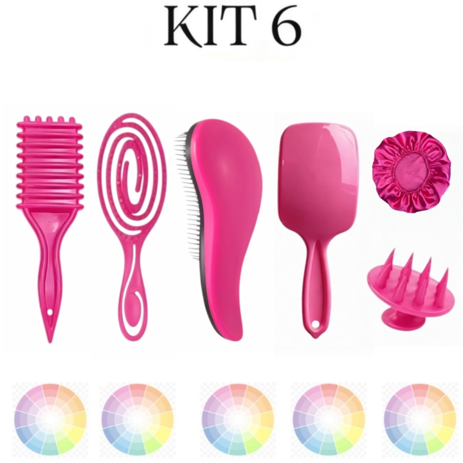 Kit 6 Escovas Cabelo Flex Raquete Fashion Onda Escova Mágica Massageador Silicone Touca CETIM