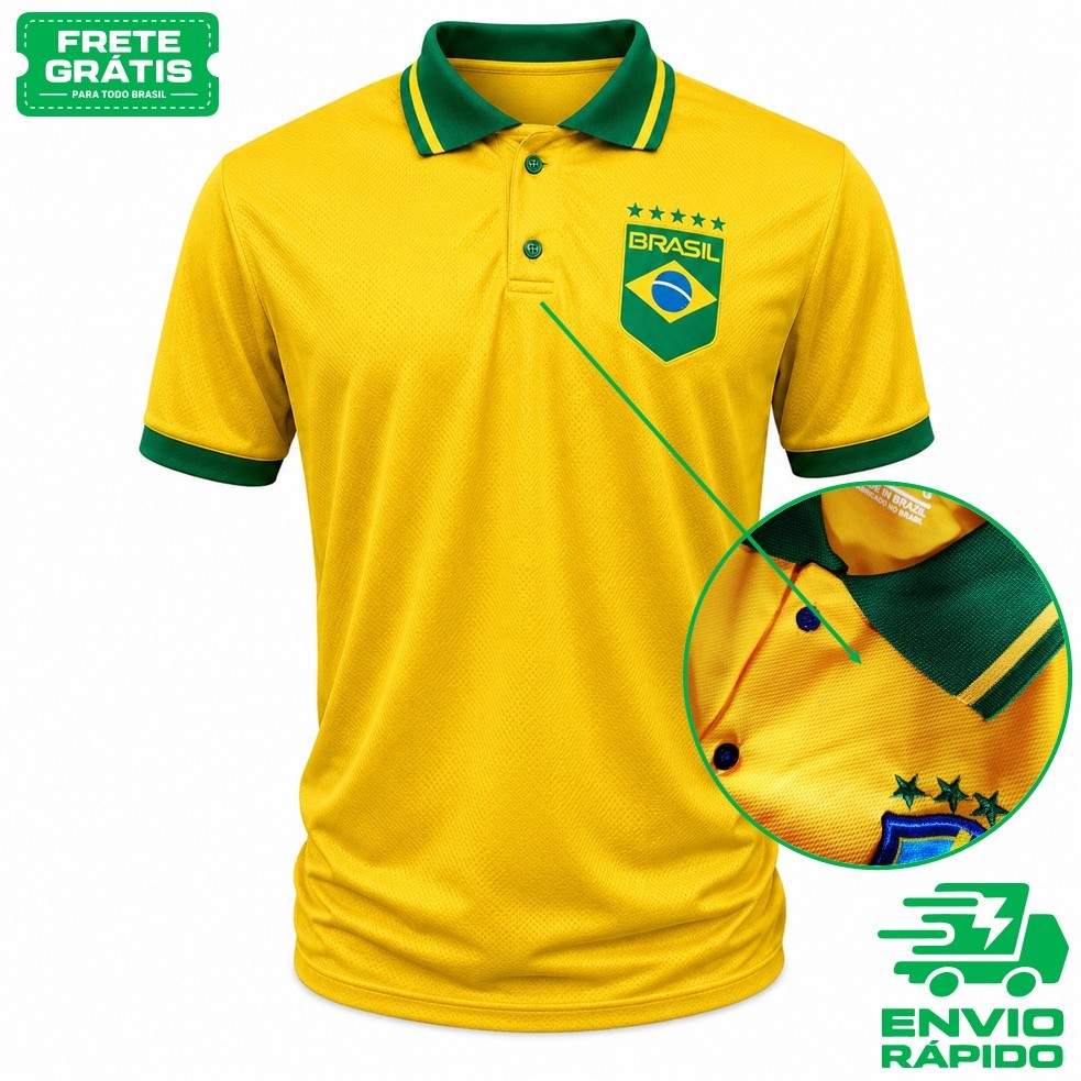 Camiseta Polo Brasil Camisa Bandeira Bordada Estilo Casual Torcedor Moda Masculina para Copa 2026