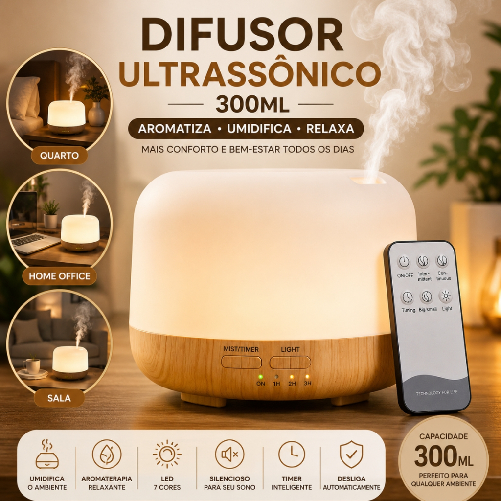Difusor Aromatizador Ultrassônico Umidificador De Ar 300ml Led 7 Cores Controle Remoto Aromaterapia Relaxamento Bivolt
