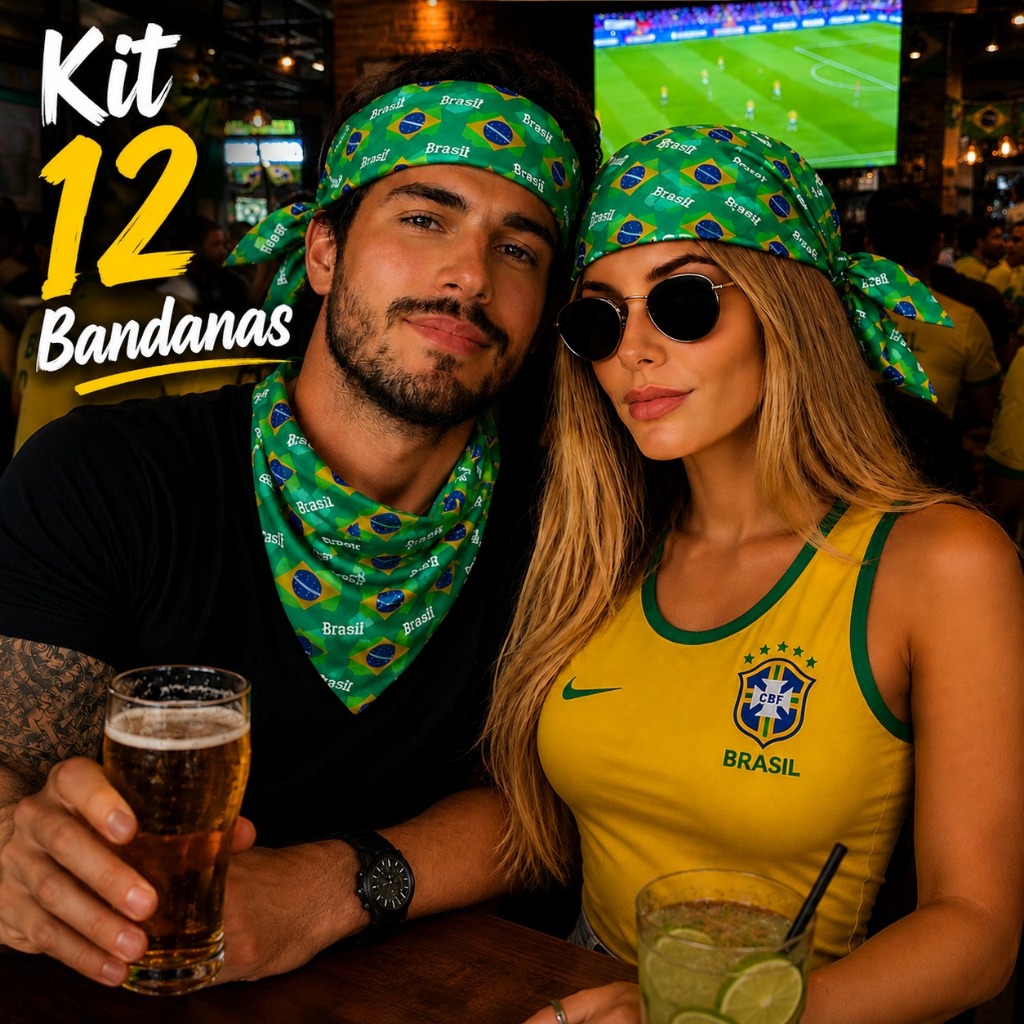 Kit com 12 Bandana Lenço Bandeira Brasil Torcida Copa do Mundo