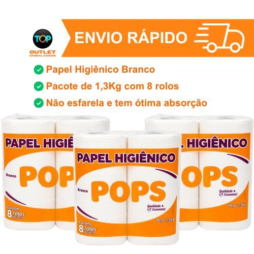 Papel Higiênico Rolão Pops Branco – Fardo com 8 Rolos, Alta Maciez e Resistência 1,3kg