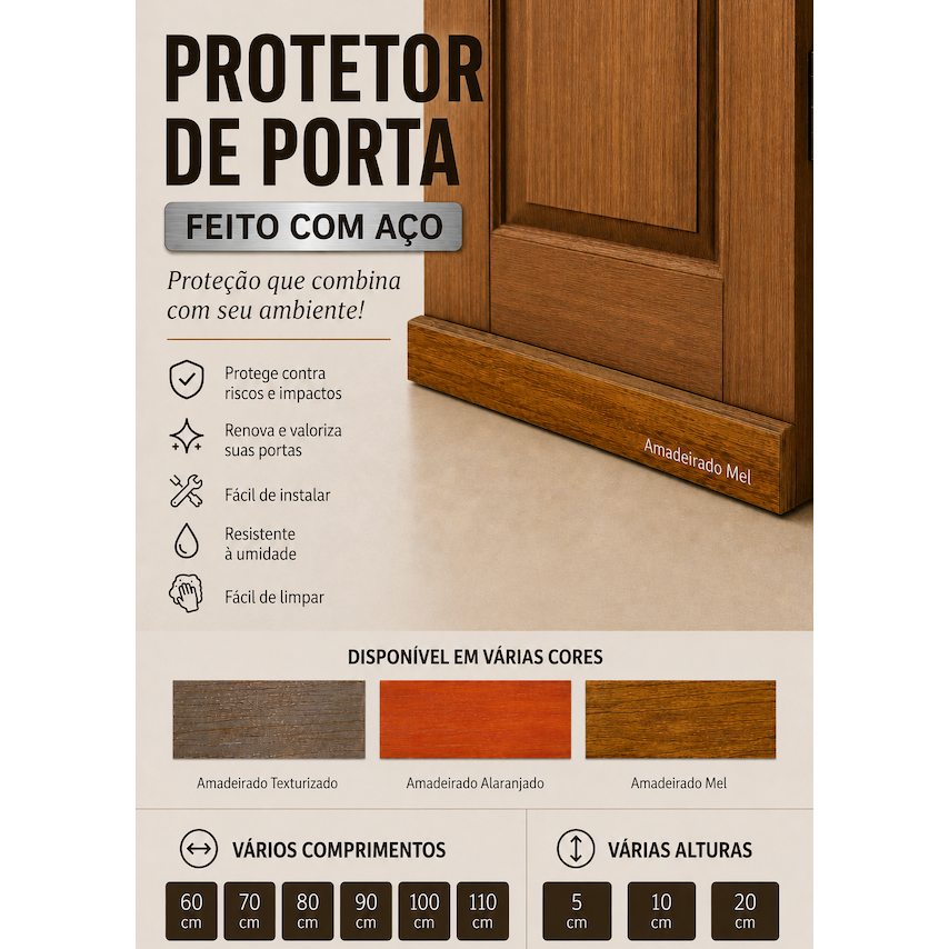 Salva Protetor de Porta  com 3,5cm de espessura Diveresas Medidas Metal com Pintura Amadeirada