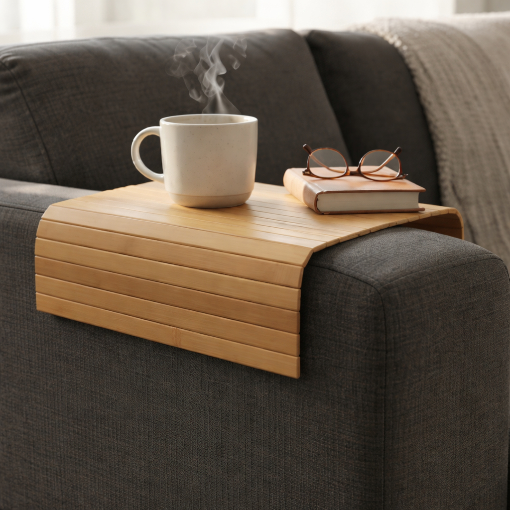 Esteira de Bambu para Braço de Sofá 30x40cm Porta Copos  Latas Flexível Antiderrapante Mesa Sofá