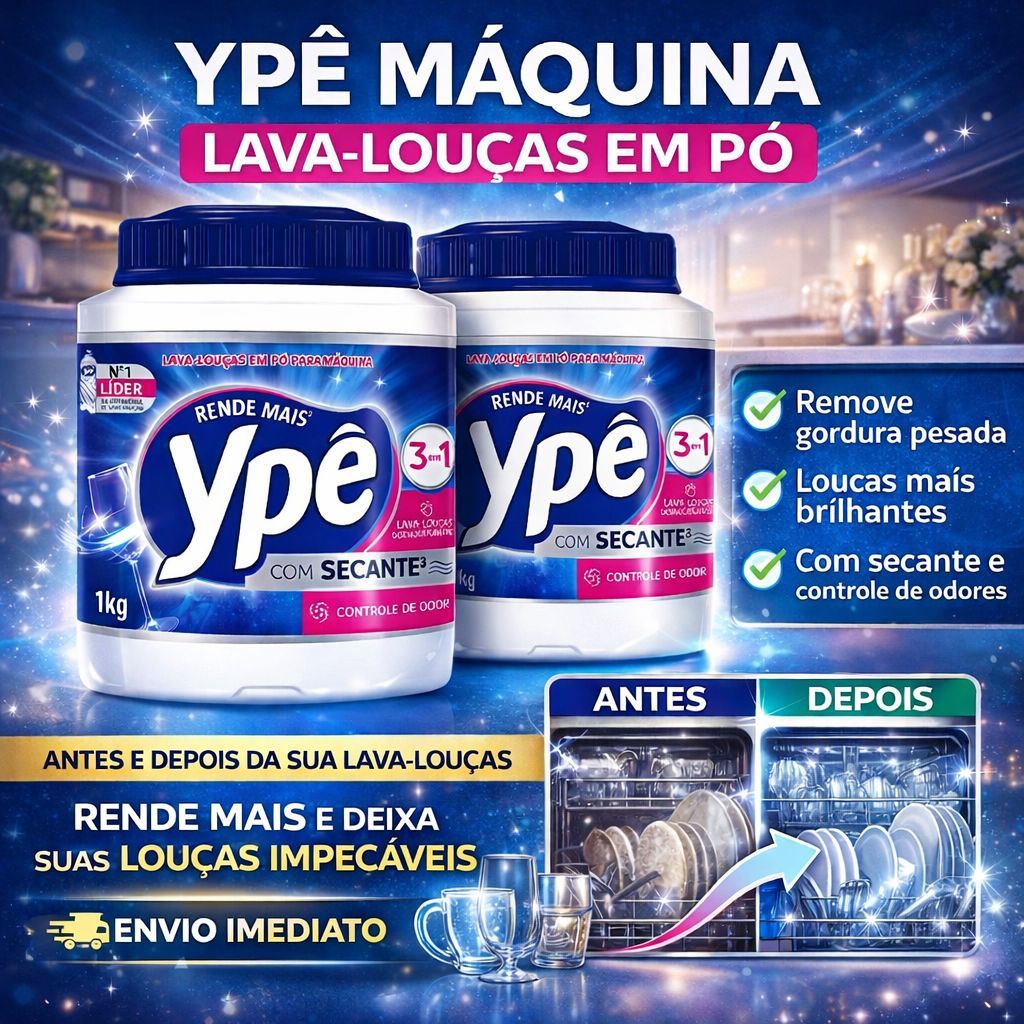 Sabão Ypê Lava Louças em Pó 1Kg para Máquina - Com Secante e Controle de Odor - Limpeza Profunda
