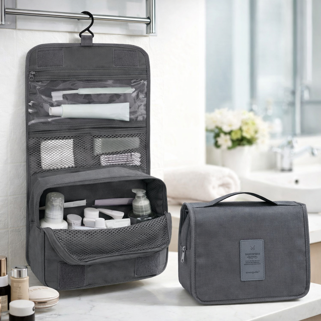 Necessaire Organizadora de Viagem Impermeável com Gancho para Pendurar, Bolsa de Maquiagem e Cosméticos com Zíper