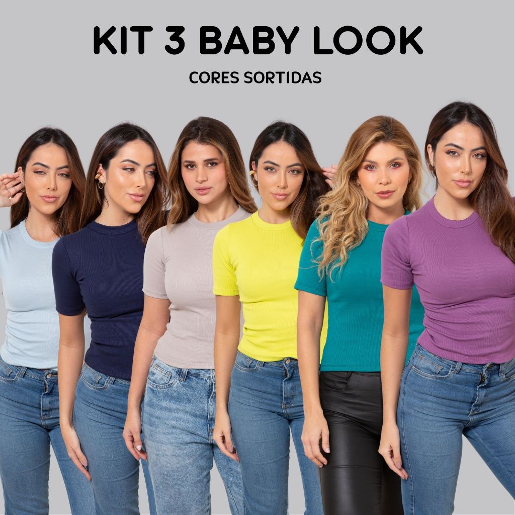Kit 3 T-Shirt Ribana Peças Sortidas Colorida Baby Look Confortável Feminina Moda Street