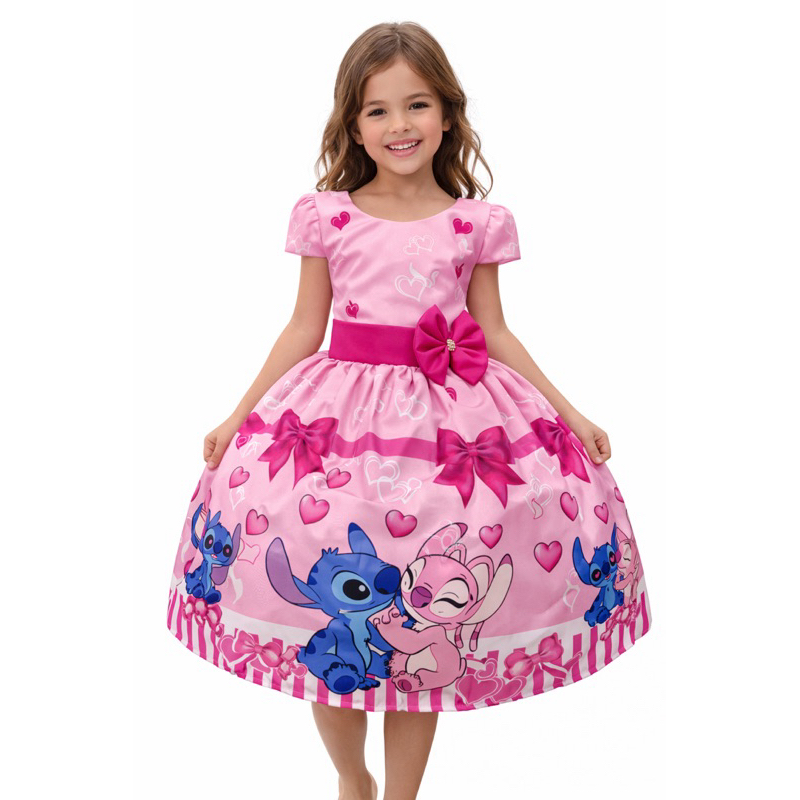 Vestido temático infantil Stitch e Angel menina festa e aniversário