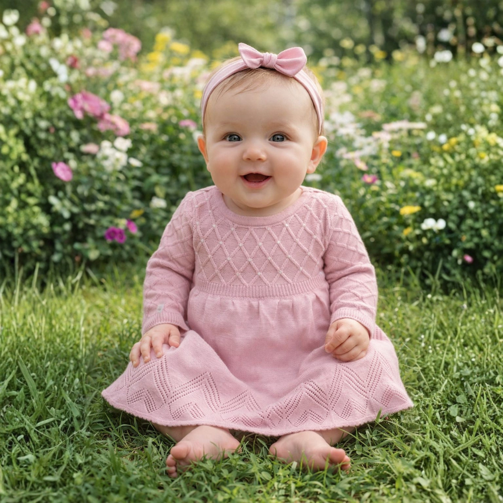 Vestido Tricot Lara Infantil Bebê Recém Pérolas Nascido Saída Maternidade