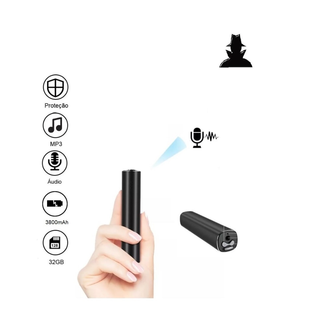 Gravador Espião 32GB 400h Áudio Profissional Detector de Voz USB Portátil com Fone