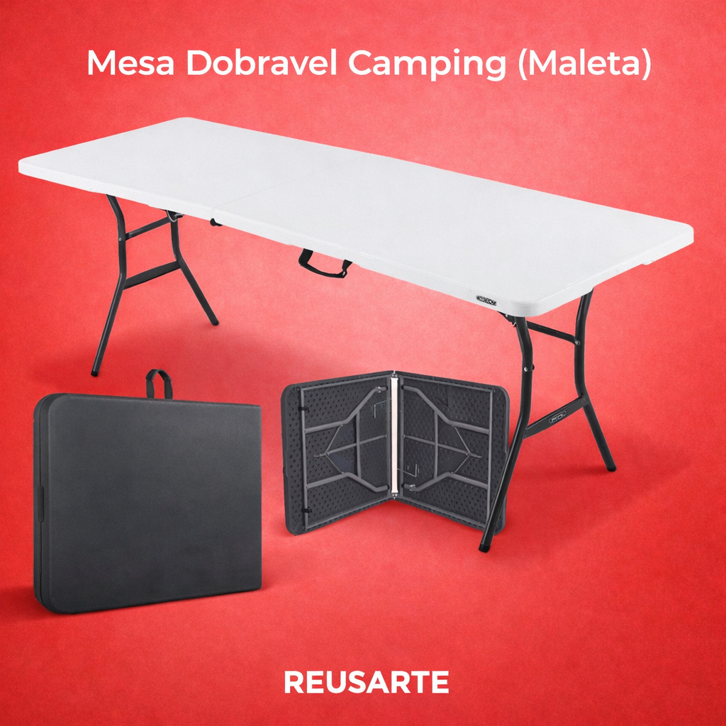 MESA PORTATIL DOBRÁVEL 6 LUGARES IDEAL PARA CAMPING OU JARDIM, VIRA MALETA COM ALÇA 1.80 METROS E SUPORTA ATÉ 100KG