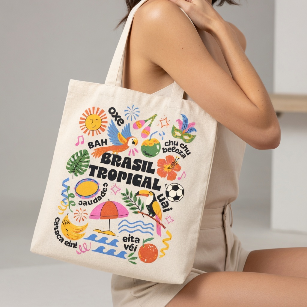 Bolsa Sacola Ecobag Ecológica Estampada 100% Algodão Brasil Tropical Estilo Praia e Dia a Dia 33x40
