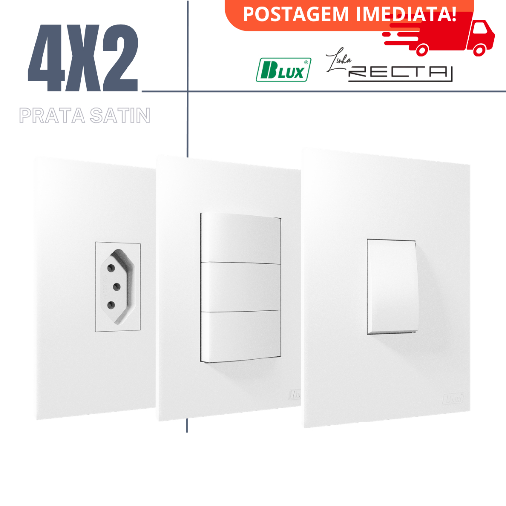 Conjunto Tomada Branca Fosca 4x2 10a 20a Interruptor Simples Paralelo Recta Branco Satin Fosco BLUX
