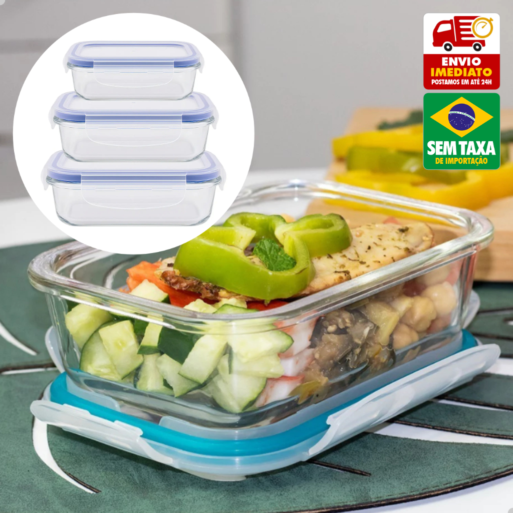 Potes Vidro Marmita Kit 3 Hermético Retangular Freezer Microondas 370 640 1040ml
