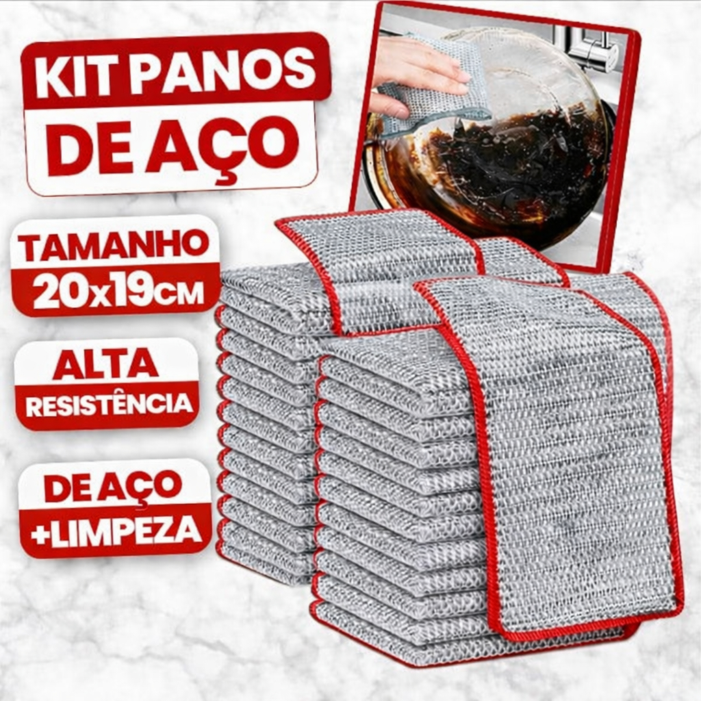 Kit Pano de Limpeza Cozinha Premium de Aço Multiuso Reutilizável Tira Gorduras Louças Fogão Panelas