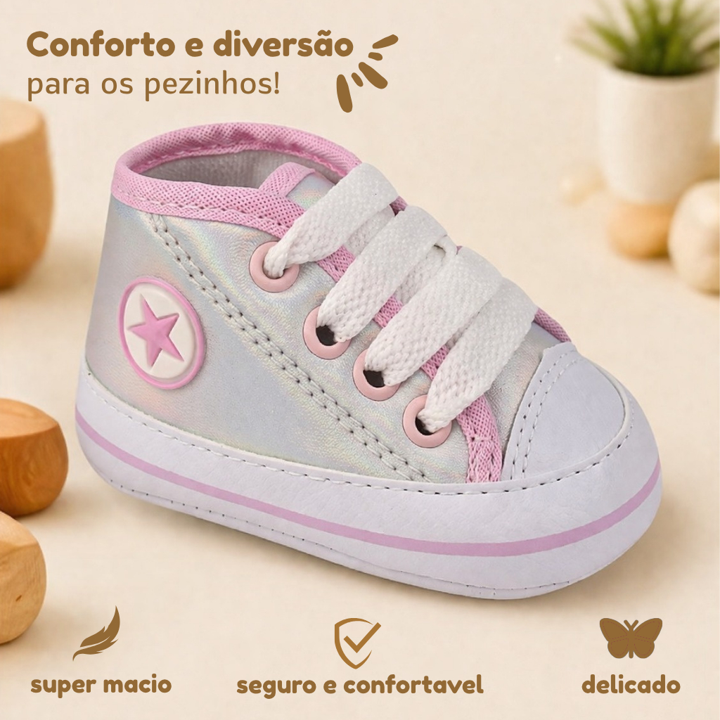 Sapatinho Bebê Menina Holográfico Rosa Tênis Infantil em Lona Aquarela Baby Confortável Antiderrapante