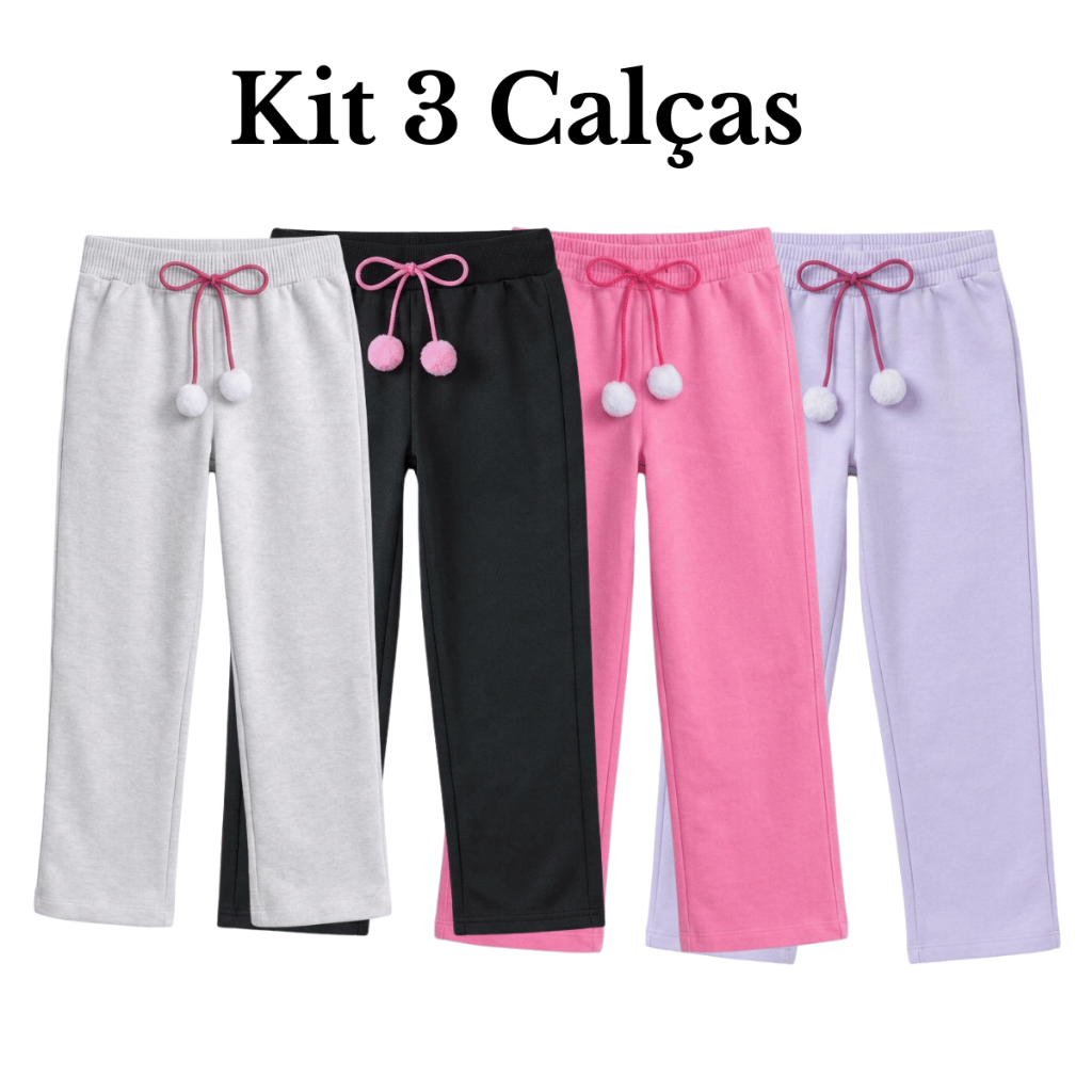 Kit 3 Calças Infantil Moletinho Menina 2 ao 12 Dia a Dia Roupa Juvenil Inverno