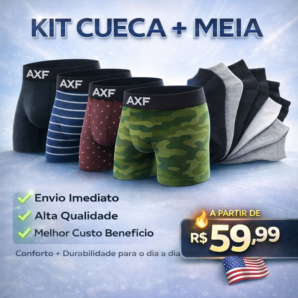 Kit 10 Cuecas Boxer Microfibra + Kit 12 Meias Masculinas