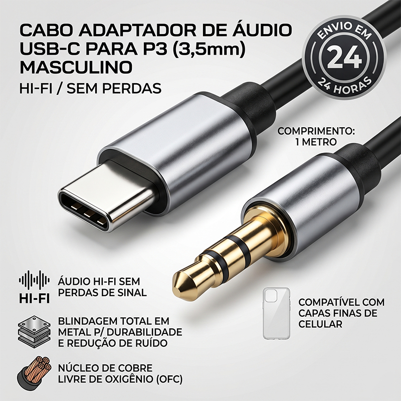Cabo de Áudio Tipo C para P3 3.5mm – Alta Fidelidade para Fone e Caixa de Som