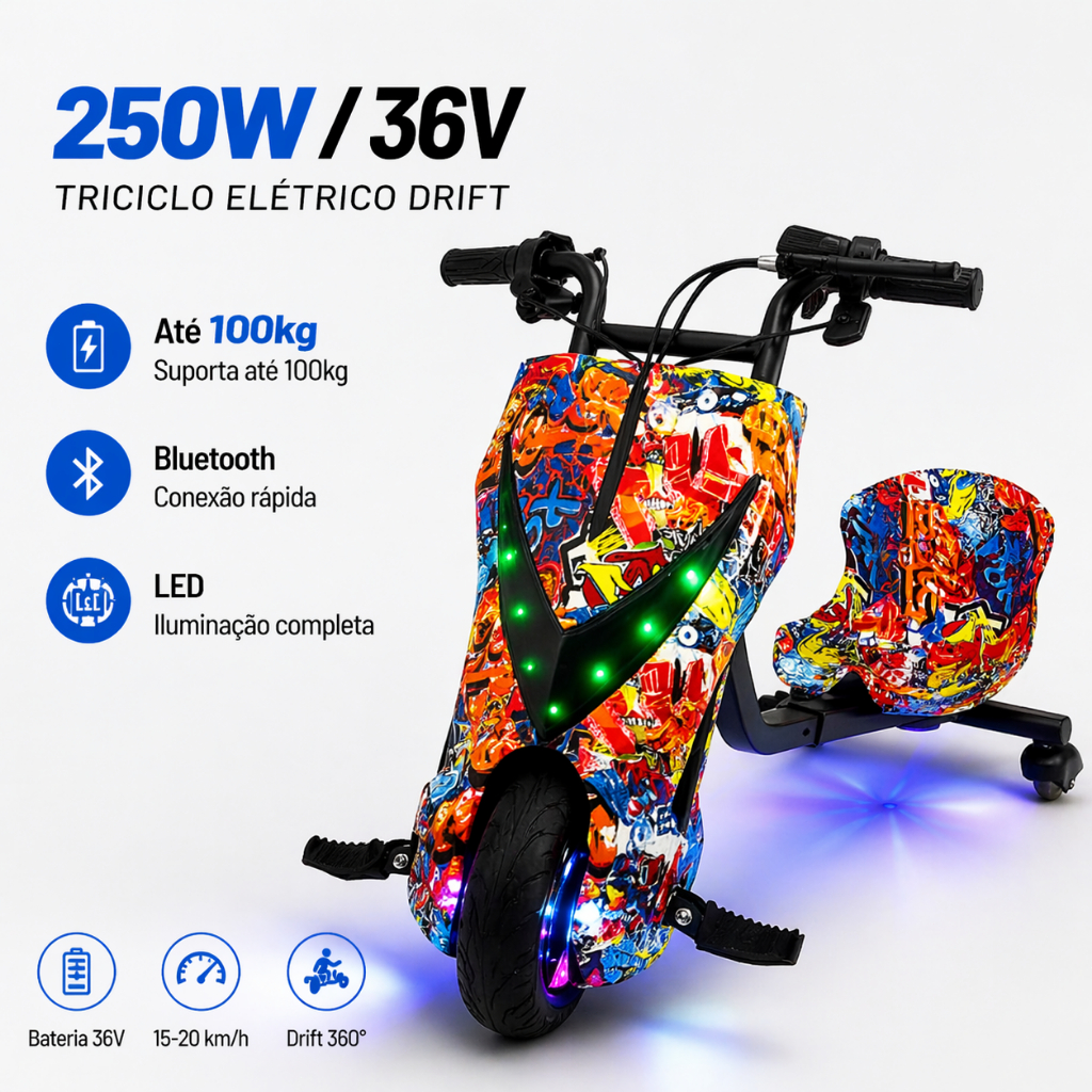 Triciclo Drift Elétrico 250W 36V 8" Bluetooth LED Painel Digital Até 100kg Bivolt