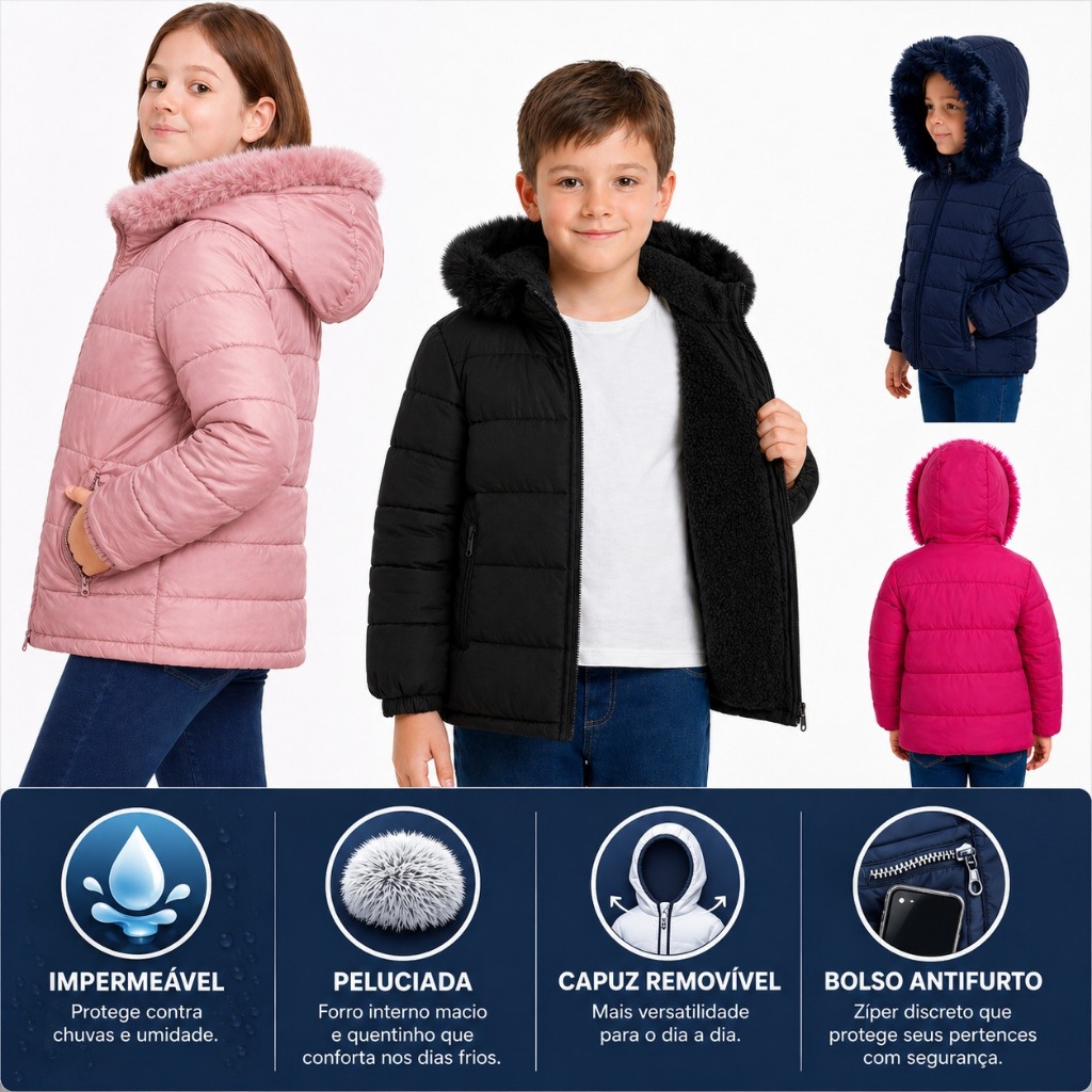 Jaqueta Puffer Infantil Forrada Impermeável Pelucia Capuz Removivel Blusa de Frio 6 a 16 Bobojaco