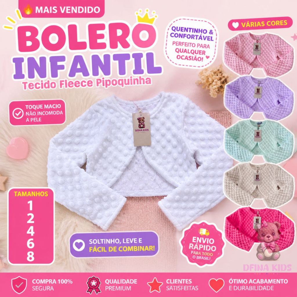 Bolero Infantil Luxo Fleece Pipoquinha Peluciado Quentinho Casaco Feminino Elegante Festa Inverno