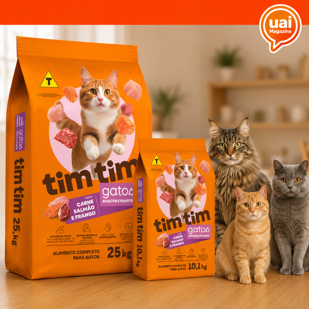 Ração Gato Filhote e Adulto 25kg Ou 10kg Tim Tim Cat 3 em 1 Carne Salmão Frango