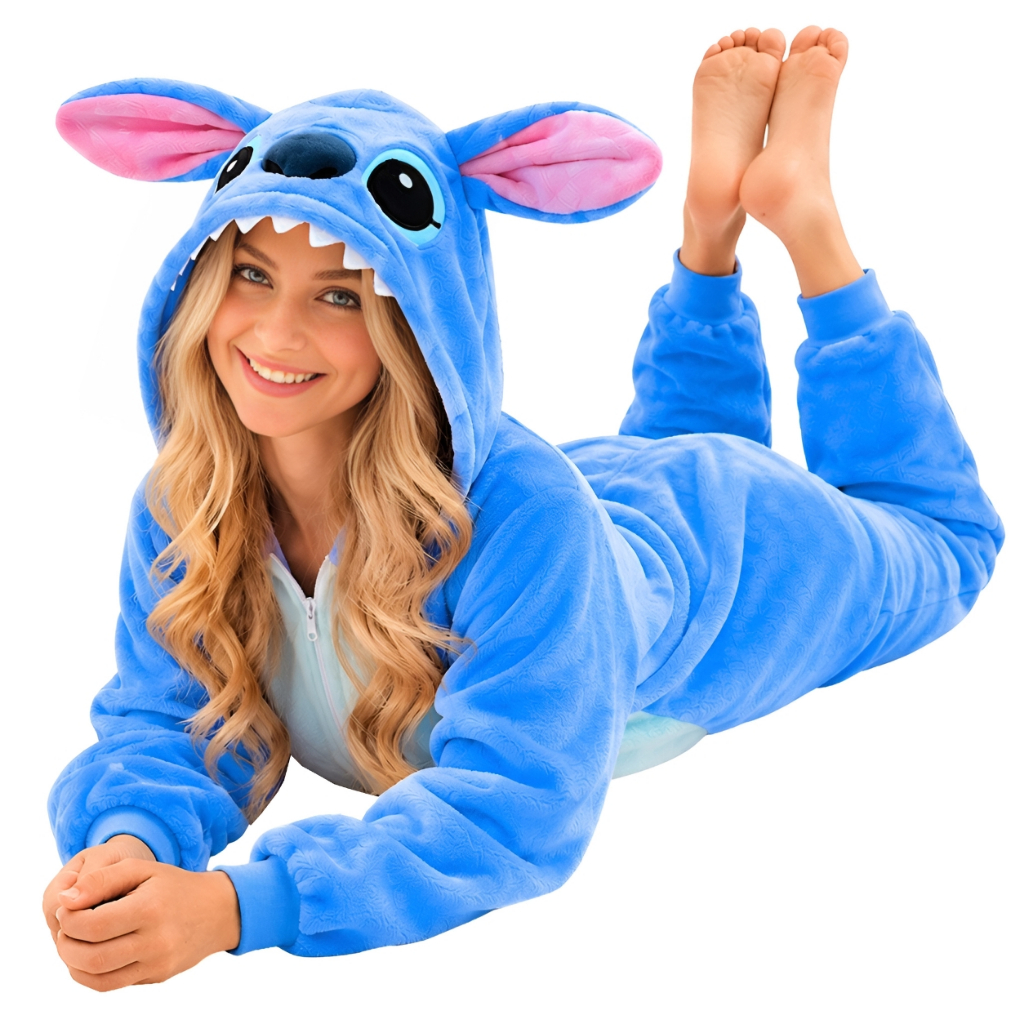 Pijama Fantasia Stitch Adulto Feminino Masculino com zíper super quentinho e confortável