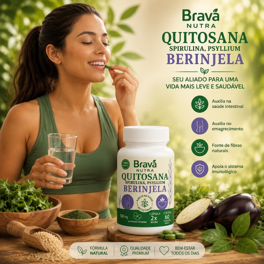 Quitosana + Spirulina + Psyllium + Berinjela 500mg 60 Cápsulas – Envio Imediato