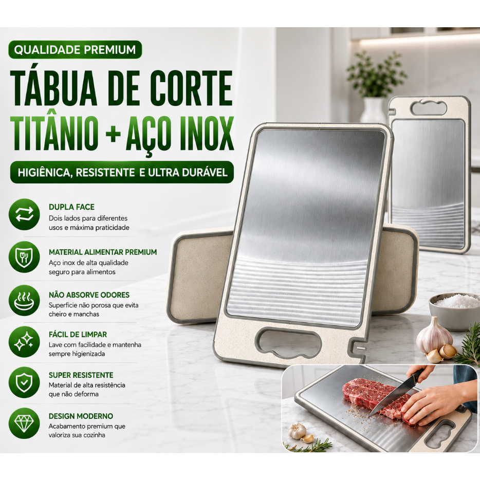 Tábua de Corte Dupla Face Premium de Titânio - Aço Inox de Grau Alimentício para Cozinha  Higiência