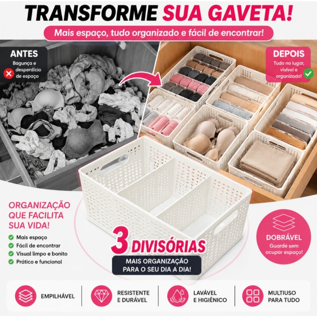 Organizador De Guarda-Roupa Dobrável Para Roupas E Calças Grande COM 3 DIVISORIAS