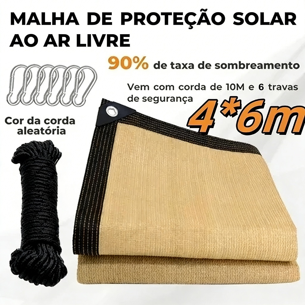 Tela de Sombreamento 90% 4x6m com 6 Ganchos e Cordão | Proteção para Garagem e Piscina