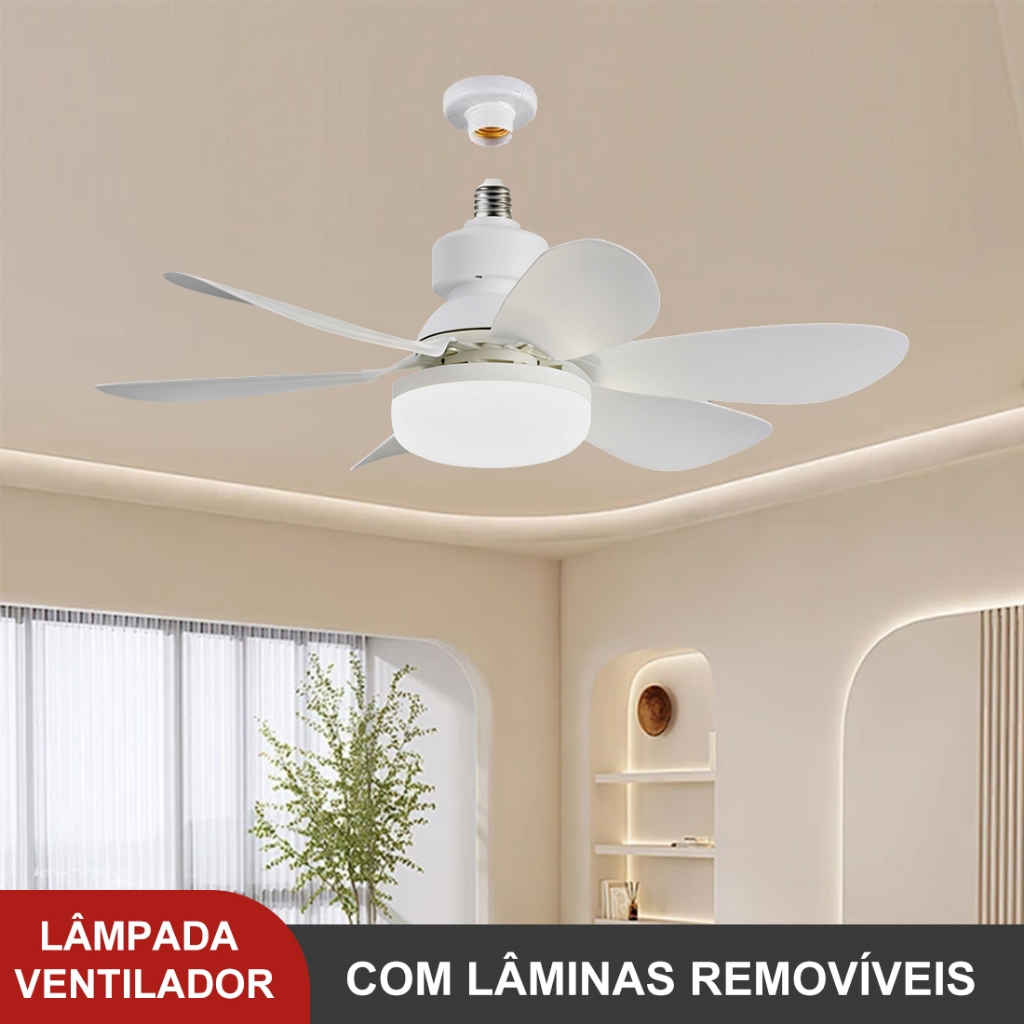 Ventilador Lâmpada De Teto LED Silencioso, com Controle Remoto,6 Hélices, Bivolt Lâmpada de ventilador  E27/60W/80W/120W