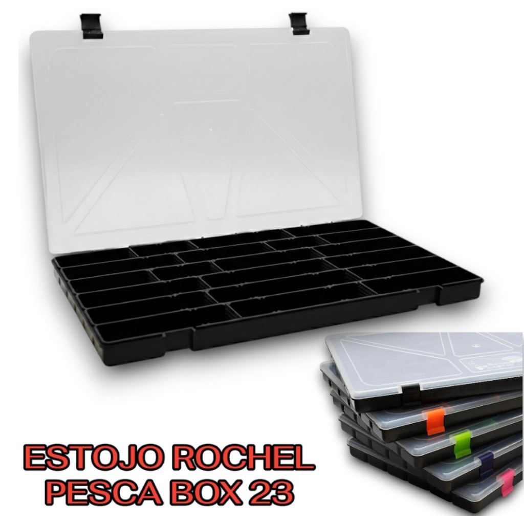 Estojo Rochel Pesca Caixa De Iscas Box 23 Preto Tampa Transparente 22 Div e Divisorias e Travas Coloridas