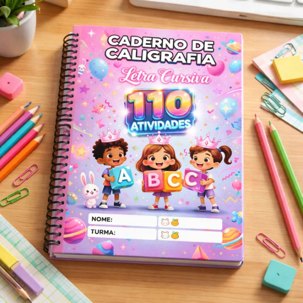 Caderno de caligrafia infantil 110 atividades letra cursiva rosa e azul