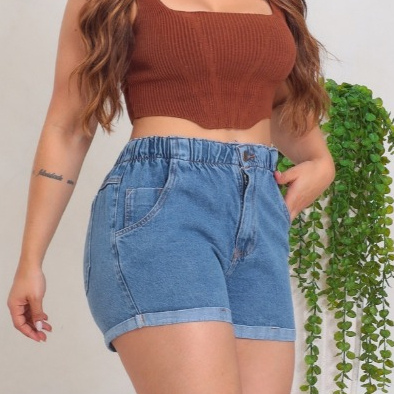 Shorts Jeans com Elástico na Cintura Shorts com Cintura Elástica Short Confortável Shortinho Jeans