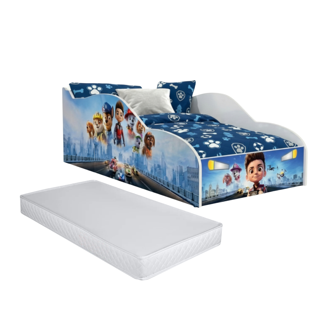 Cama Carro Patrulha Canina Infantil c/ Colchão D18 150x70 Criança Kids Quarto Temático - Blue Moby