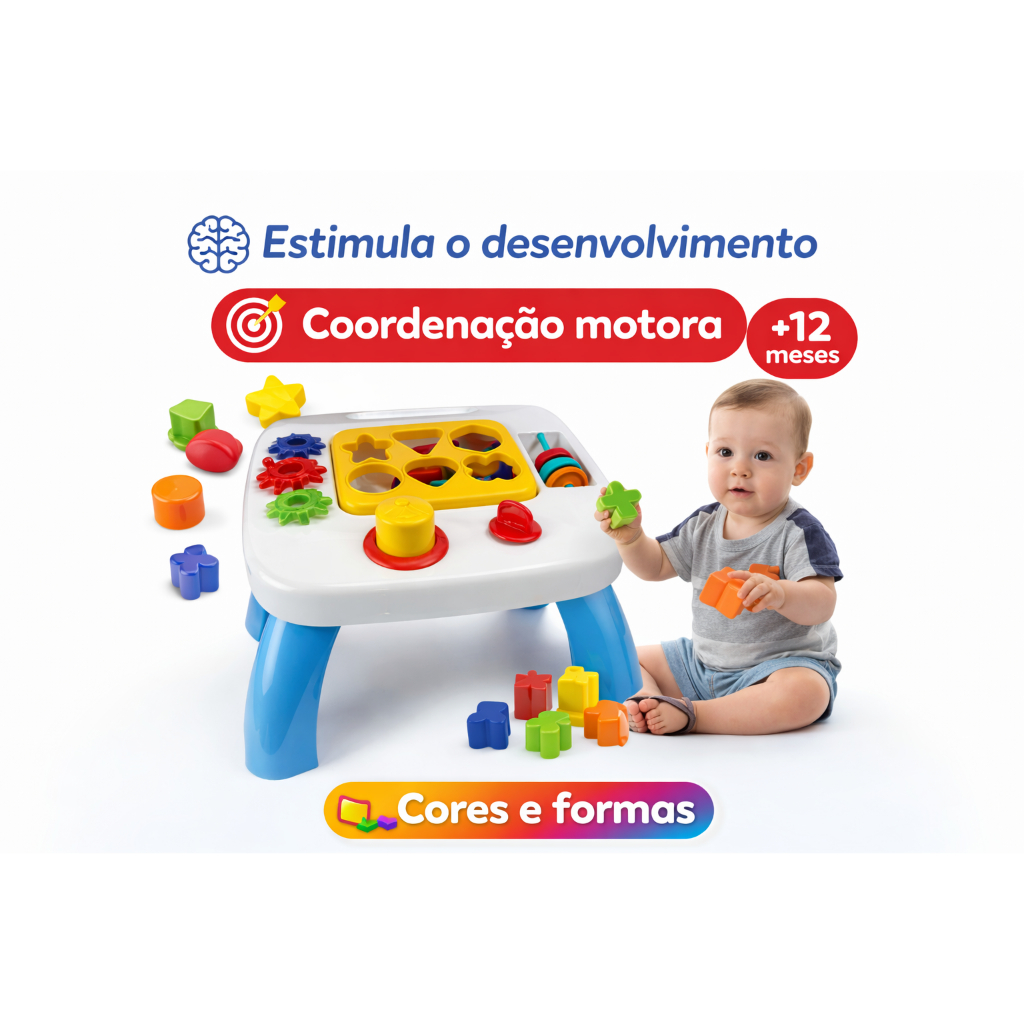 Mesa Didática Infantil Educativa +12 Meses Encaixe Formas Coordenação Motora